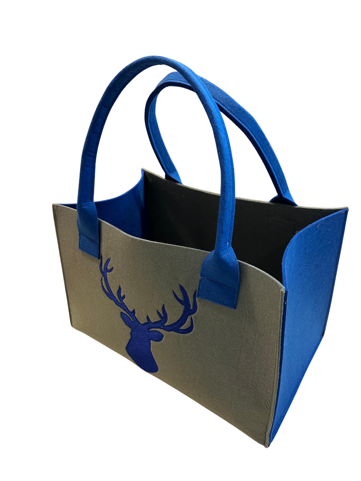 Filzeinkaufskorb in Grau mit blauen Seiten und Hirsch Stick